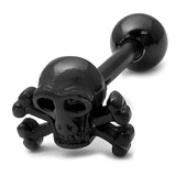 view all Black Steel Barbell with Black Steel Skull and Crossbones 1.6mm body jewellery