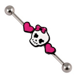 view all Steel Industrial Scaffold Barbell with Skull and Hearts IND17 body jewellery