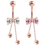 view all Belly Bar - Rose Gold Steel Cute Jewelled Bow with Dangly Chains body jewellery