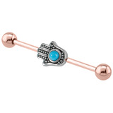 view all Rose Gold Steel Industrial Scaffold Barbell with Hamsa Hand body jewellery