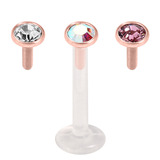 view all Multipacks - Bioflex Push-fit Labret with Rose Gold Steel Jewelled Tops (2.35mm Disks) body jewellery