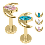view all Gold Titanium Internally Threaded Labrets 1.2mm - Gold Titanium Jewelled Trekking Crescent Moon body jewellery