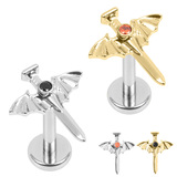 view all Titanium Internally Threaded Labrets 1.2mm - Titanium Jewelled Bat Wing Dagger body jewellery