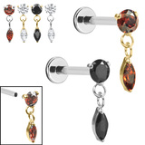 view all Titanium Internally Threaded Labrets 1.2mm - Titanium Jewelled Solitaire with Marquise Drop body jewellery