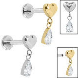 view all Titanium Internally Threaded Labrets 1.2mm - Titanium Heart with Teardrop Jewel body jewellery