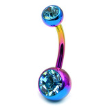 Titanium Double Jewelled Belly Bars 8mm Anodised Rainbow, Light Blue