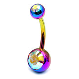 Titanium Double Jewelled Belly Bars 8mm Anodised Rainbow, Crystal AB