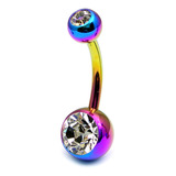 Titanium Double Jewelled Belly Bars 12mm Anodised Rainbow, Crystal Clear