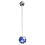 Pregnancy PTFE and Surgical Steel Single Jewelled Belly Bars 1.6mm, Surgical Steel, Sapphire Blue