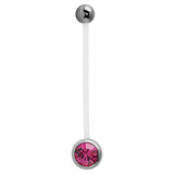 Pregnancy PTFE and Surgical Steel Single Jewelled Belly Bars 1.6mm, Surgical Steel, Fuchsia