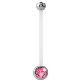 Pregnancy PTFE and Surgical Steel Double Jewelled Belly Bars 1.6mm, 50mm, Pink