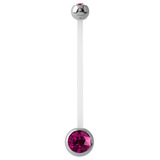 Pregnancy PTFE and Surgical Steel Double Jewelled Belly Bars 1.6mm, 50mm, Fuchsia