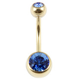 Zircon Titanium Double Jewelled Belly Bars (Gold colour PVD) 1.6mm, 10mm, Sapphire Blue