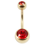 Zircon Titanium Double Jewelled Belly Bars (Gold colour PVD) 1.6mm, 10mm, Red