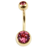 Zircon Titanium Double Jewelled Belly Bars (Gold colour PVD) 1.6mm, 10mm, Pink
