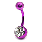 Titanium Single Jewelled Belly Bars 10mm Anodised Pink-Purple, Crystal Clear