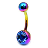 Titanium Single Jewelled Belly Bars 10mm Anodised Rainbow, Sapphire Blue