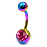Titanium Single Jewelled Belly Bars 8mm Anodised Rainbow, Pink