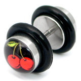 Steel Logo Fake Plugs 1.2x4.5mm shaft. / Cherries on Black / 6mm disks