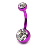 Titanium Double Jewelled Belly Bars 8mm Anodised Pink-Purple, Crystal Clear
