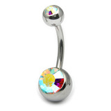 Titanium Double Jewelled Belly Bars 8mm Mirror Polish Mirror Polish, Crystal AB