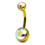 Titanium Double Jewelled Belly Bars 8mm Anodised Gold, Crystal AB