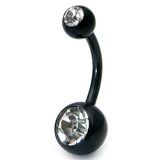 Black Steel Double Jewelled Belly Bars 10mm, Crystal Clear