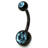 Black Steel Double Jewelled Belly Bars 10mm, Light Blue