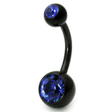 Black Steel Double Jewelled Belly Bars 12mm, Sapphire Blue