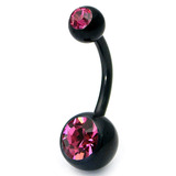 Black Steel Double Jewelled Belly Bars 10mm, Pink