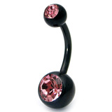 Black Steel Double Jewelled Belly Bars 12mm, Light Pink