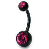 Black Steel Double Jewelled Belly Bars 10mm, Fuchsia