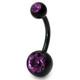 Black Steel Double Jewelled Belly Bars 10mm, Purple