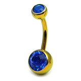 Titanium Double Jewelled Belly Bars 10mm Anodised Gold, Sapphire Blue