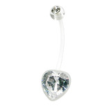 Pregnancy Belly Bars (PTFE and Bioflex) 1.6mm, 18mm, Heart, Clear PTFE, Crystal Clear Gem. Includes a Steel Ball to help make a thread on the shaft if resizing.