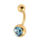 Gold Plated Steel Jewelled Belly Bars 1.6mm, 10mm, Light Blue