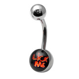 Steel Logo Belly Bars - Words Lick Me (red on black)