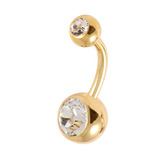 Gold Plated Steel Double Jewelled Belly Bars 1.6mm, 10mm, Crystal Clear