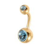 Gold Plated Steel Double Jewelled Belly Bars 1.6mm, 10mm, Light Blue