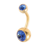 Gold Plated Steel Double Jewelled Belly Bars 1.6mm, 10mm, Sapphire Blue
