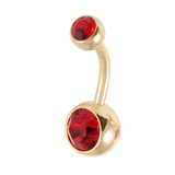 Gold Plated Steel Double Jewelled Belly Bars 1.6mm, 10mm, Red