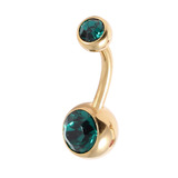 Gold Plated Steel Double Jewelled Belly Bars 1.6mm, 10mm, Dark Green