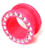 Acrylic Jewelled Flesh Tunnel 14mm, Neon Pink