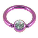 Titanium BCR with Titanium Jewelled Ball - Anodised Coloured 1.0mm, 10mm, Purple with 4mm Crystal Clear Gem