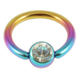 Titanium BCR with Titanium Jewelled Ball - Anodised Coloured 1.2mm, 7mm, Rainbow with 4mm Crystal Clear Gem