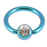 Titanium BCR with Titanium Jewelled Ball - Anodised Coloured 1.2mm, 9mm, Turquoise with 4mm Crystal Clear Gem