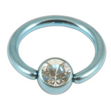 Titanium BCR with Titanium Jewelled Ball - Anodised Coloured 1.6mm, 7mm, Ice Blue with 4mm Crystal Clear Gem