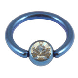 Titanium BCR with Titanium Jewelled Ball - Anodised Coloured 1.6mm, 8mm, Blue with 4mm Crystal Clear Gem