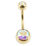 Zircon Steel Double Jewelled Belly Bars (Gold colour PVD) 1.6mm, 10mm, Crystal AB