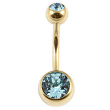 Zircon Steel Double Jewelled Belly Bars (Gold colour PVD) 1.6mm, 10mm, Light Blue